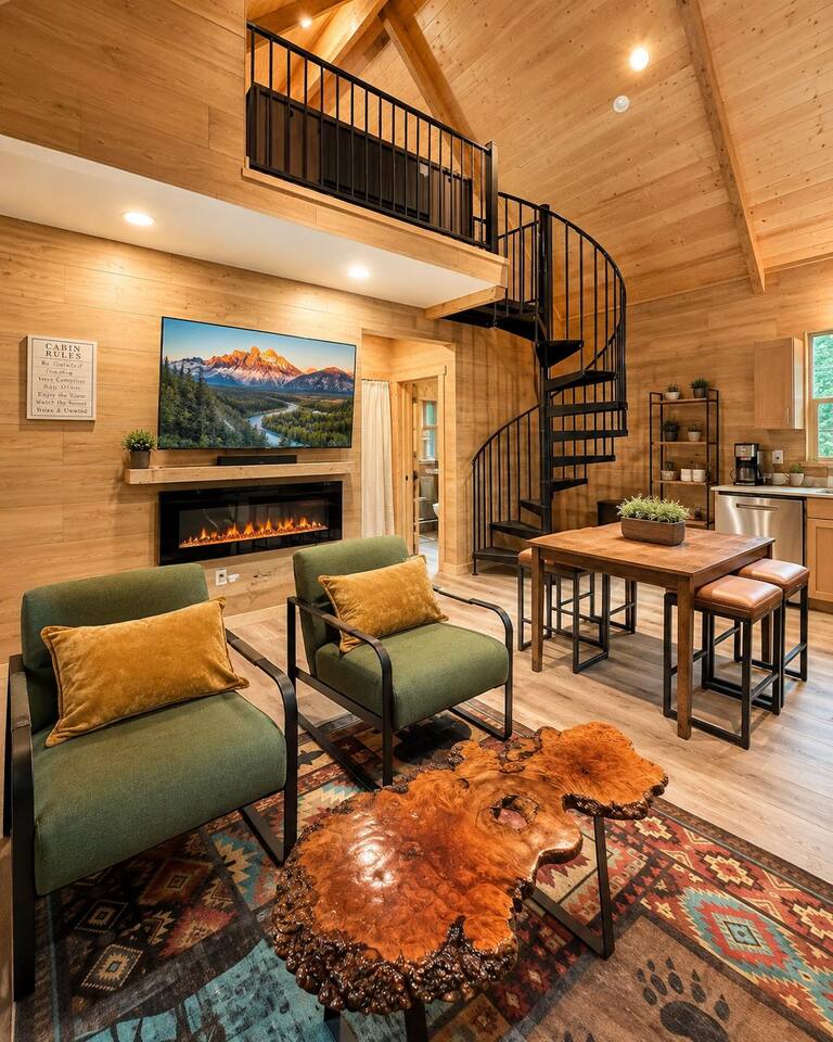 Longmire Retreat living room with fireplace and spiral staircase