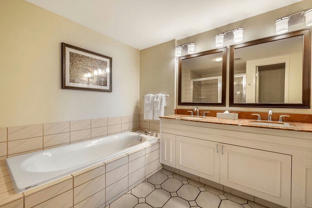 Spa-like bathroom with soaking tub and double vanity