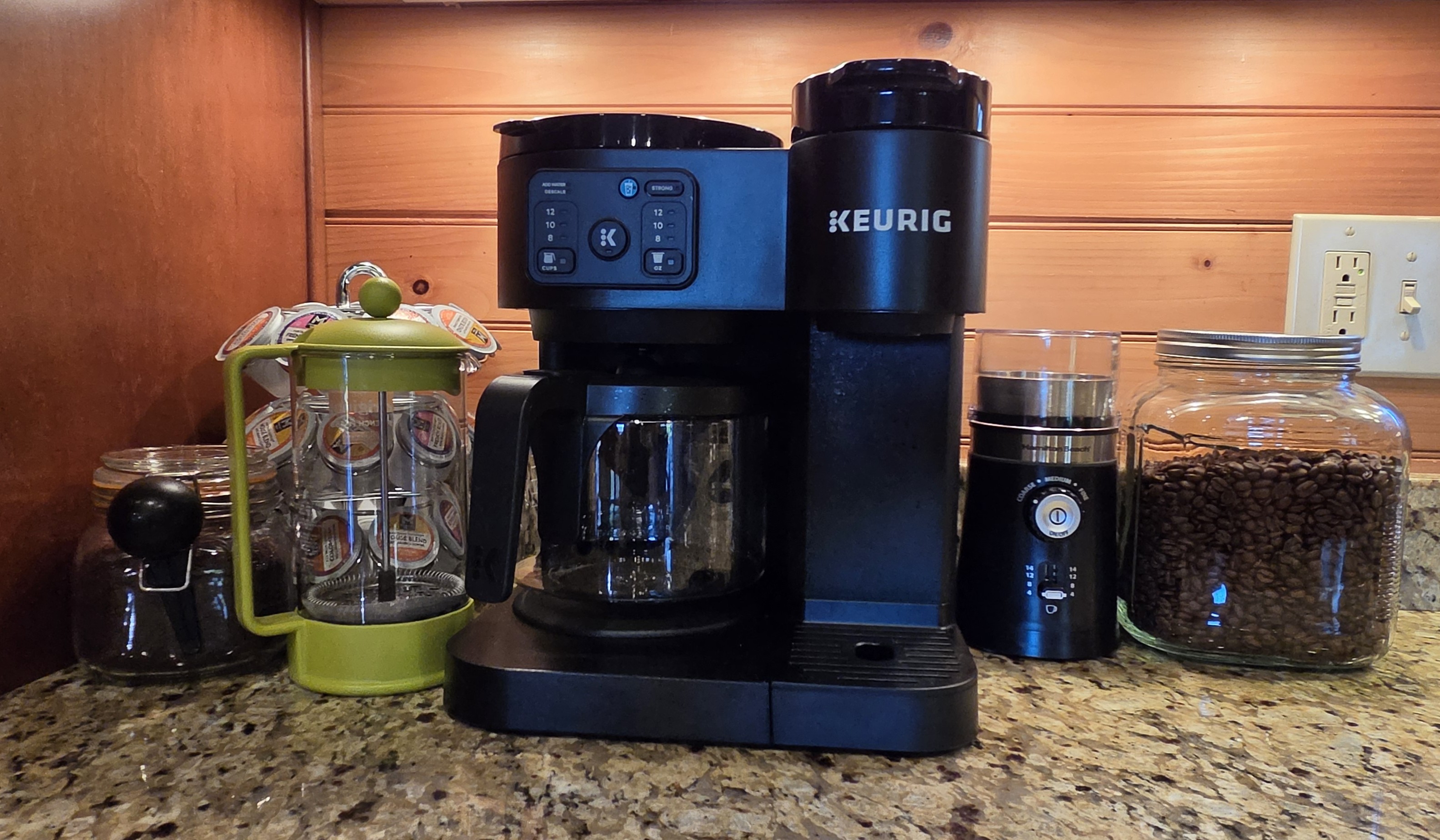 Keurig Duo, French press, grinder, K-cups, ground coffee, whole beans and a variety of herbal tea is provided