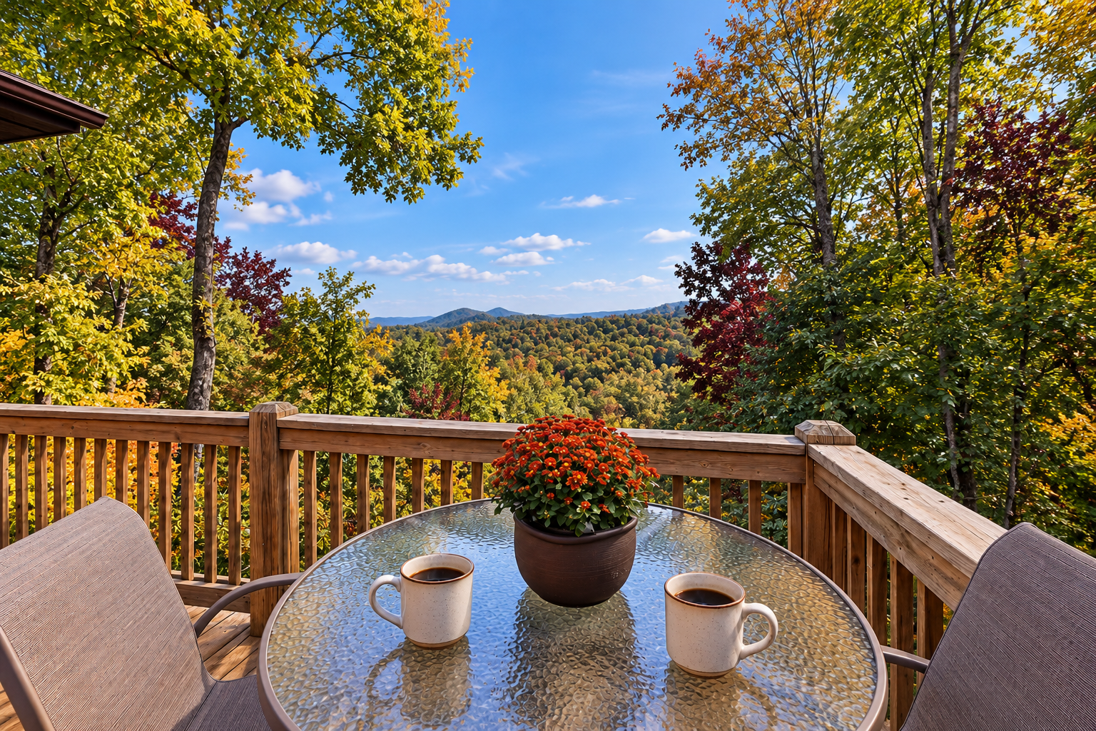 Private deck with mountain views of fall foliage