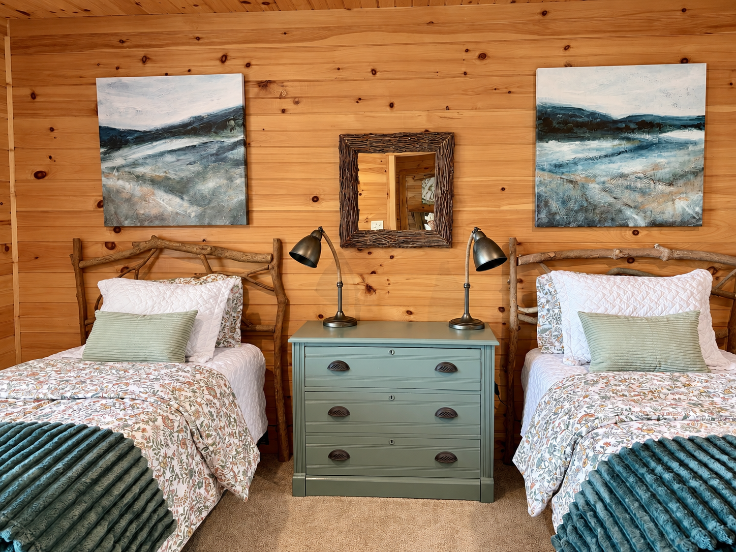 Charming twin bedroom with rustic wood details and blackout curtains