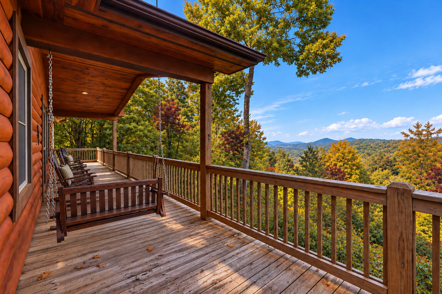 Covered mountain-view porch with rocking chairs and swing