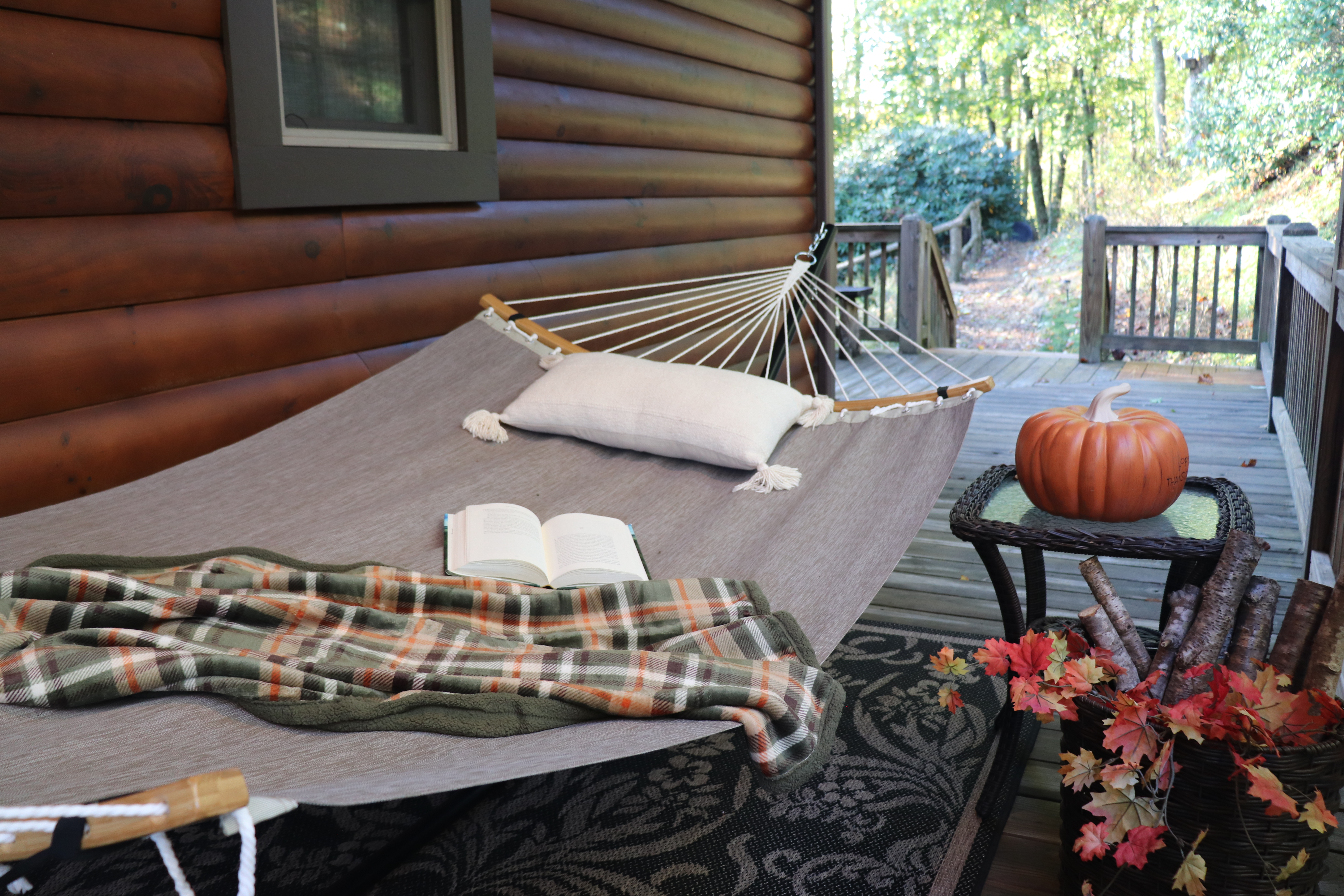 Cozy cabin deck hammock with forest views
