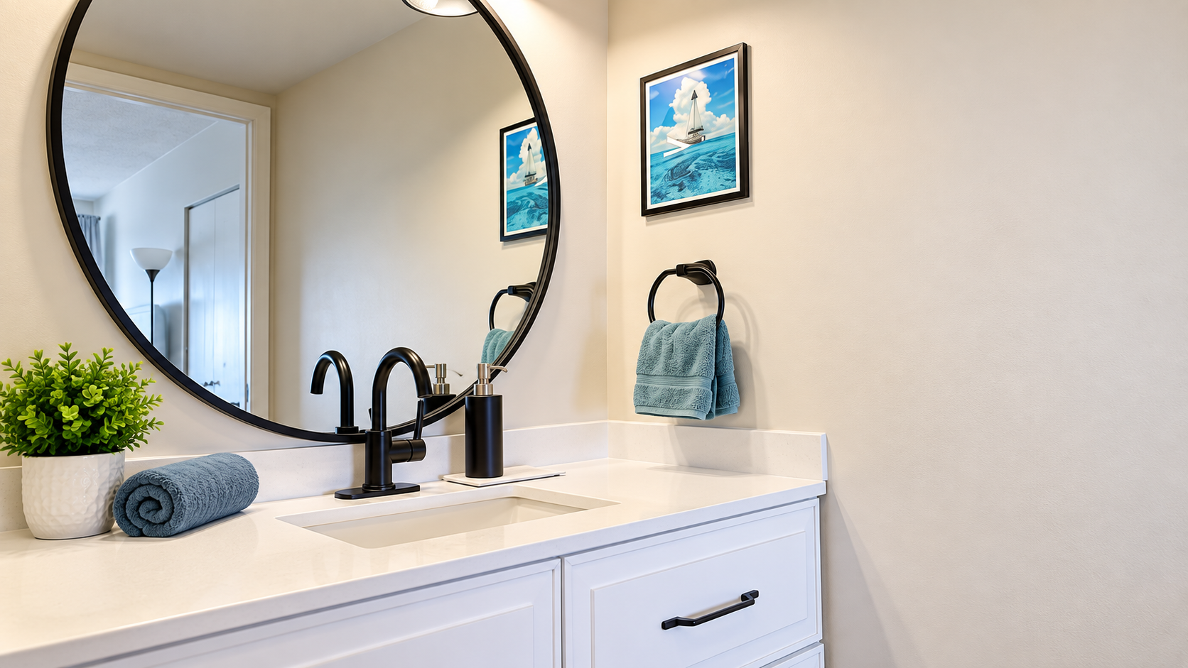 Bright modern bathroom vanity with stylish coastal touches