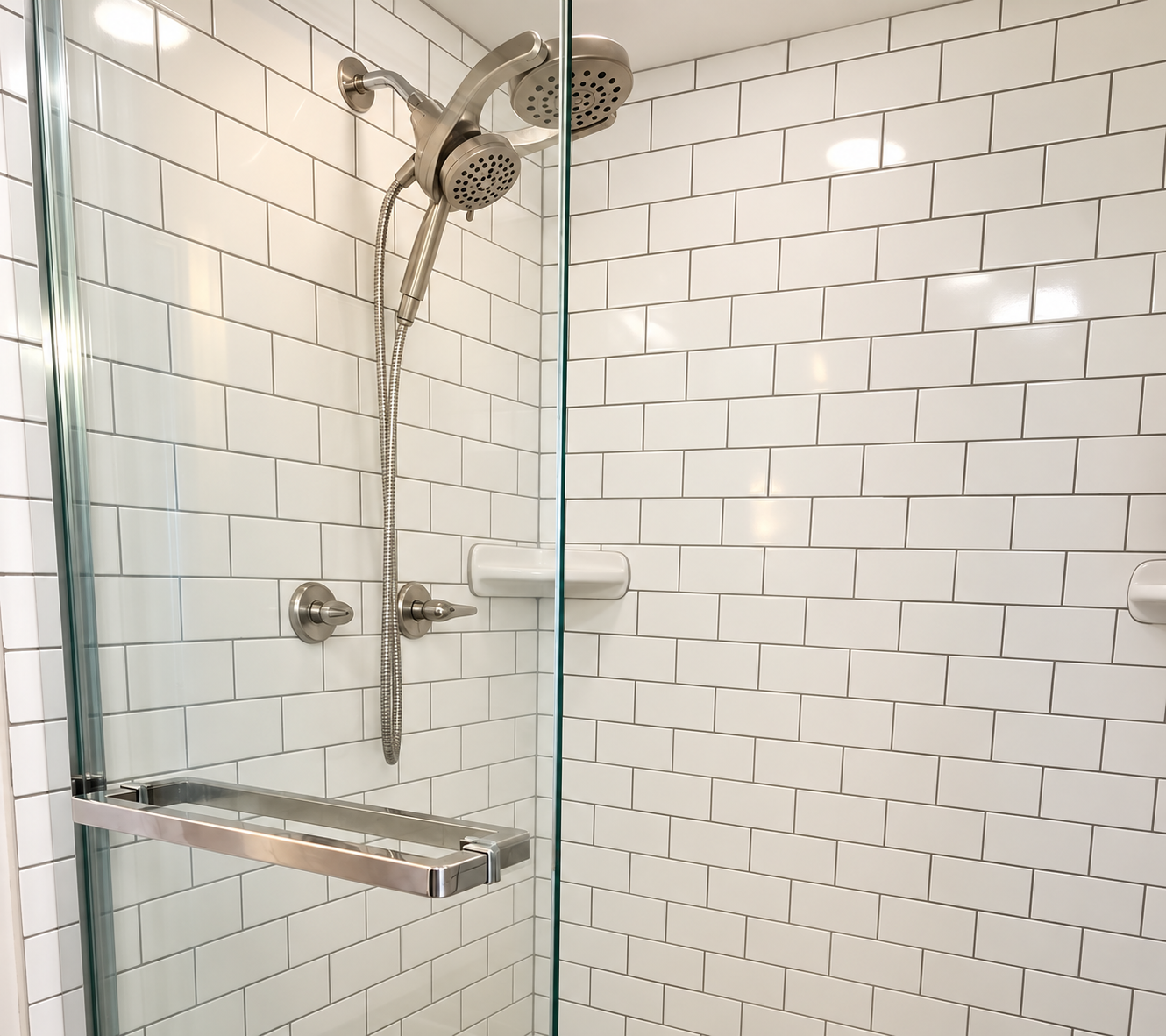 Bright spa-style shower with glass enclosure and dual showerheads