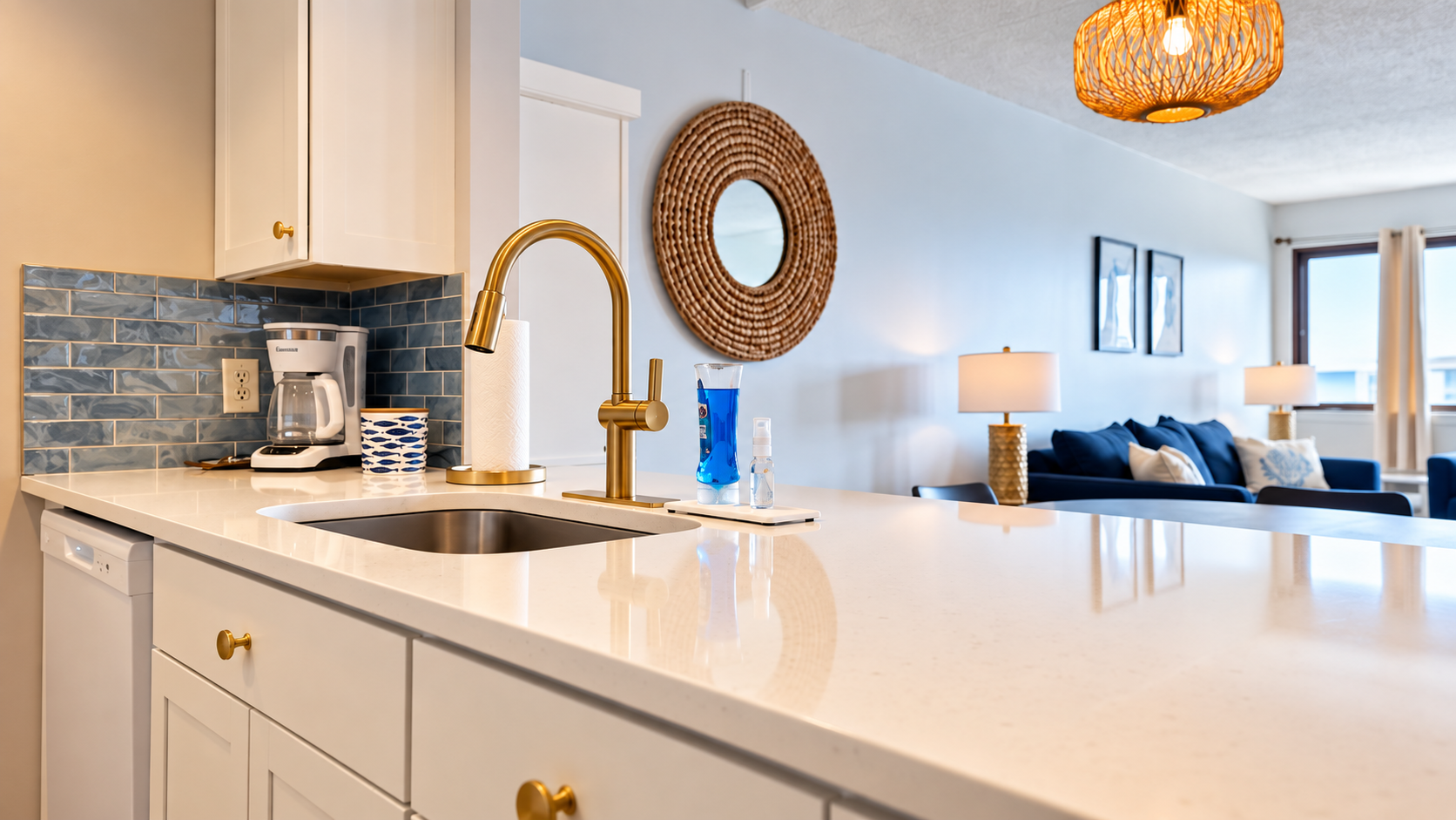 Bright open kitchen with quartz island and stylish coastal living space