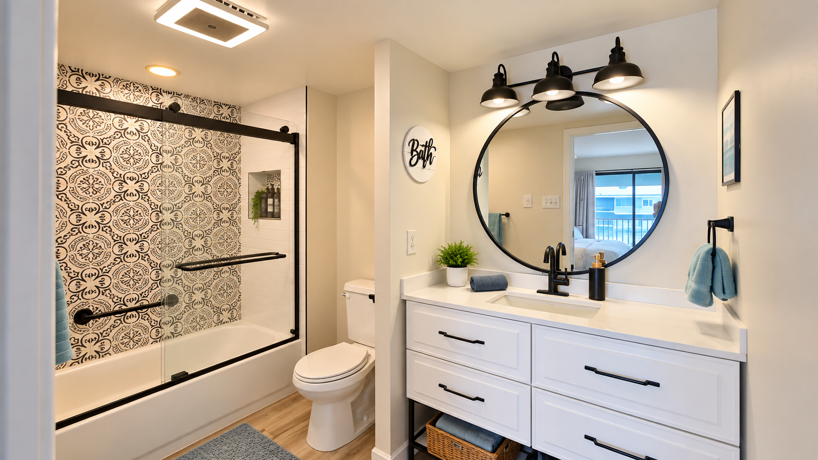 Stylish modern bathroom with patterned tile and sleek black accents