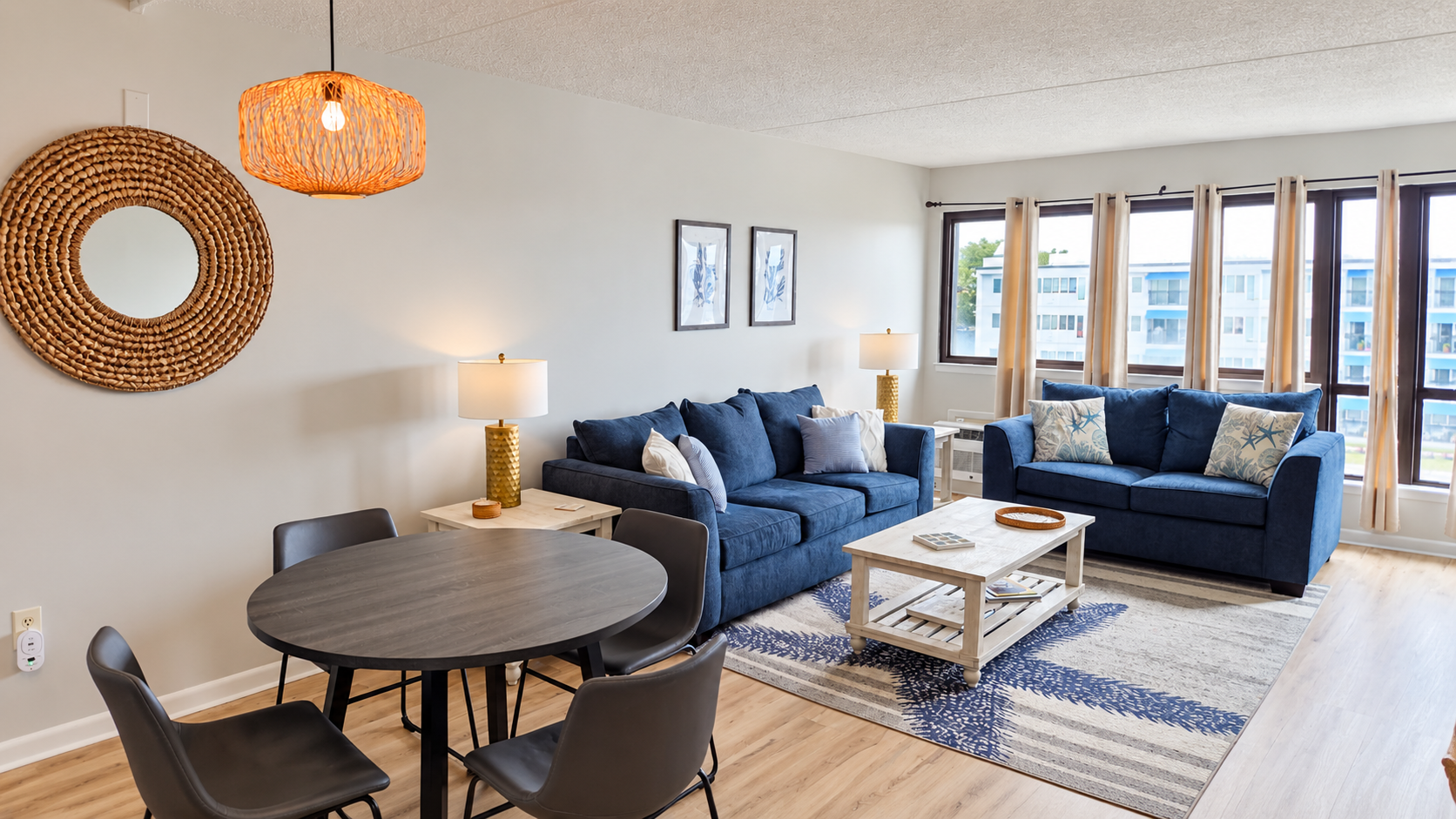 Bright coastal living space with large windows and dining for four