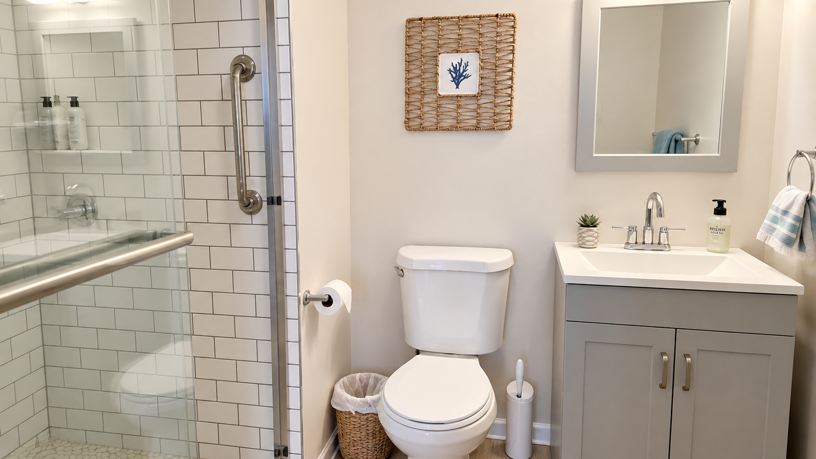 Bright modern bathroom with glass walk-in shower and coastal touches