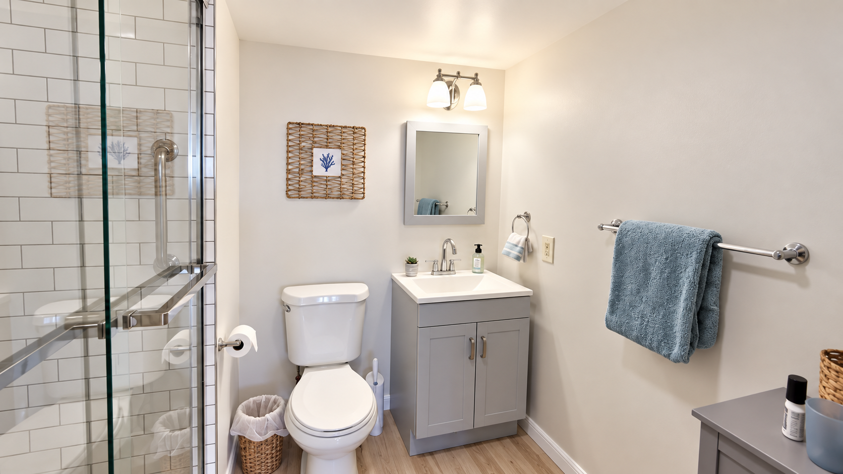 Bright modern bathroom with glass walk-in shower and stylish finishes
