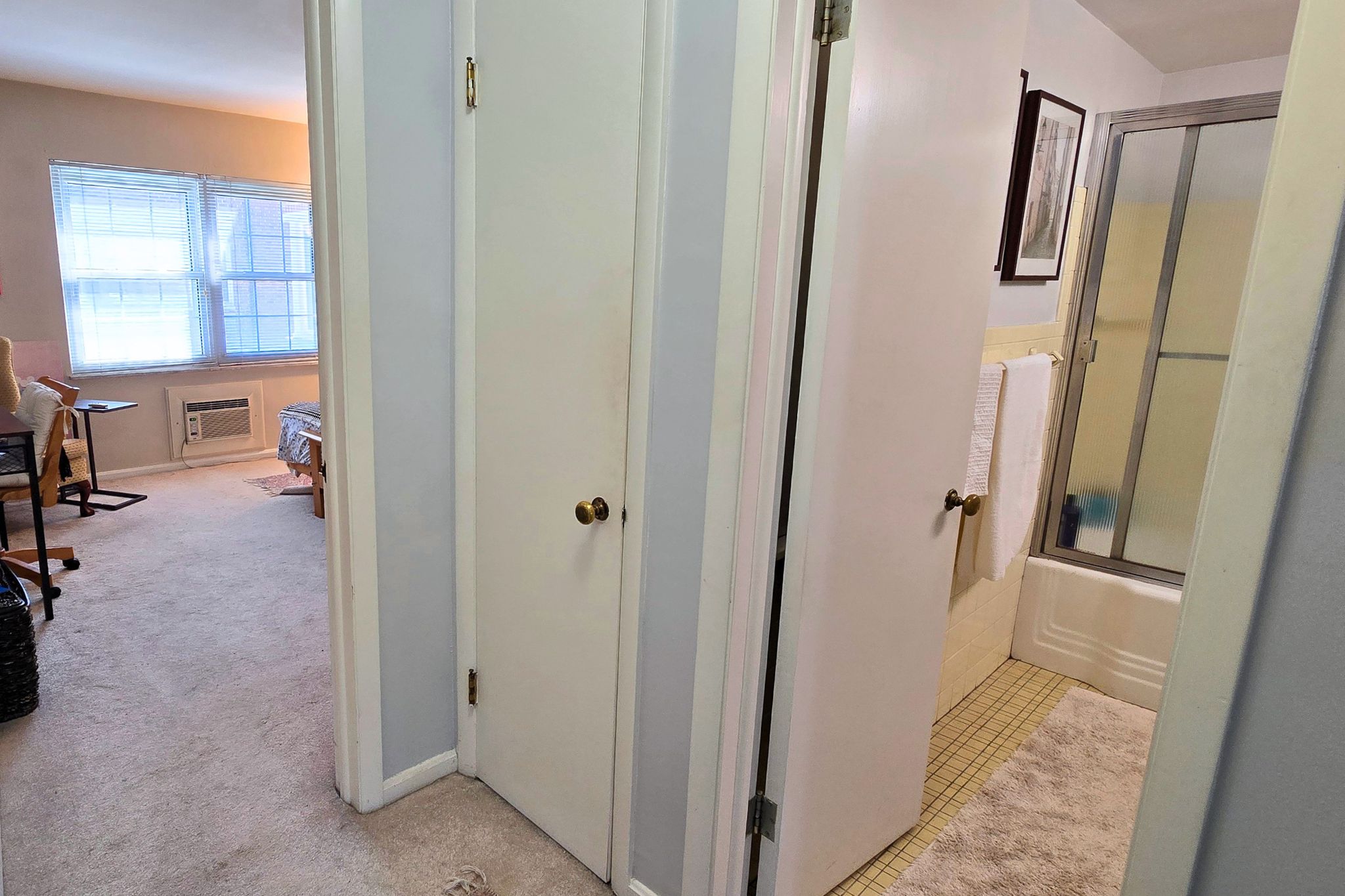 Hallway view with bright bedroom access and full bath with glass shower