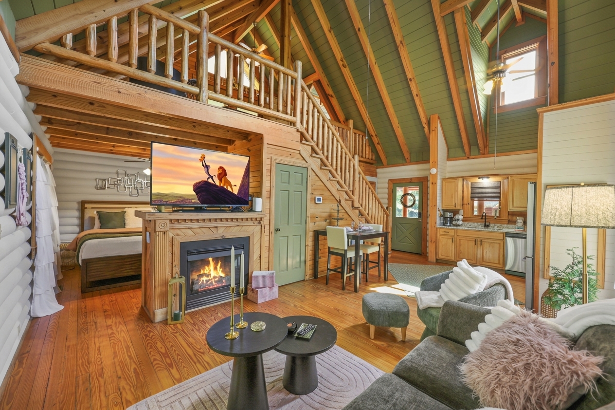 See the connection between the kitchen, living room and loft. Shared time fits into one open cabin space.