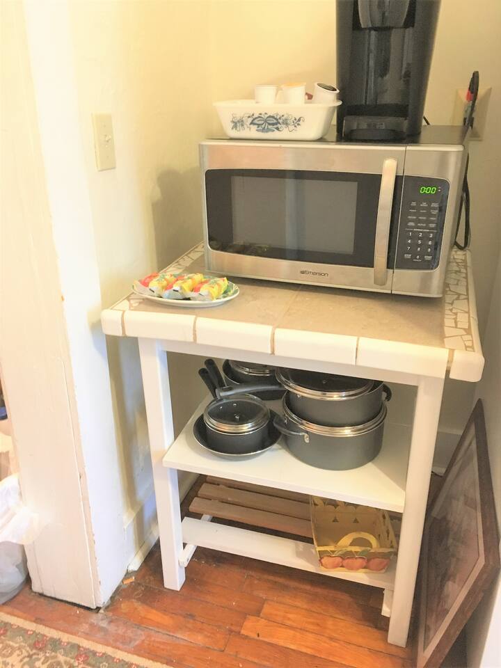 Oh, and pots and pans, and a microwave and a Keurig coffee maker