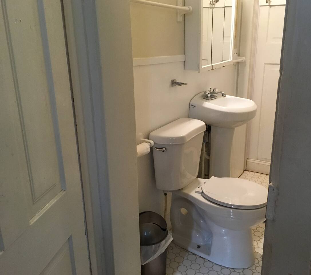Bathroom with shower, small, old fashioned,  but sparkling! Just what we need!