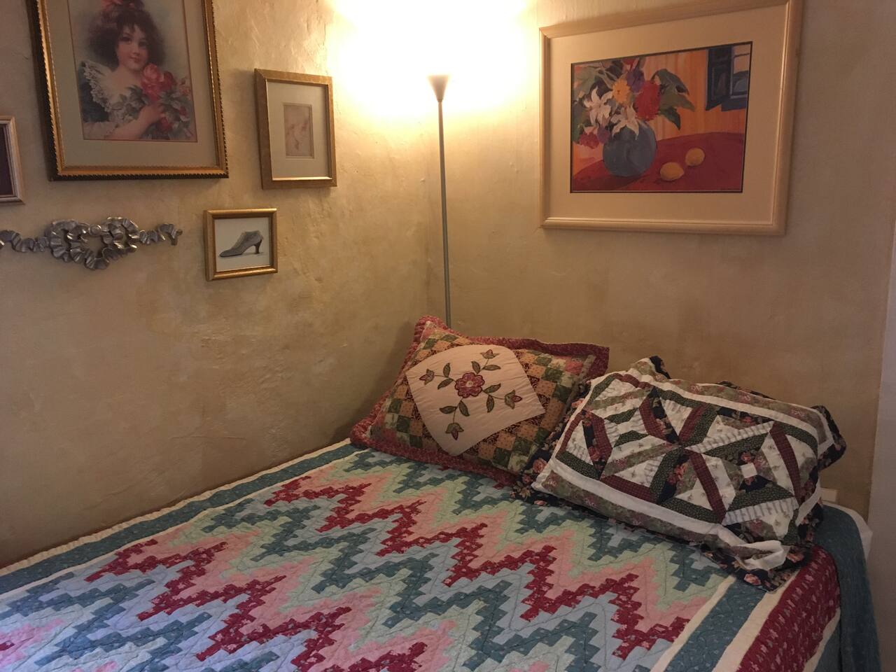 We decorate with antiques we find on outings to give it a homey cozy feel that goes more with the age of our historic building. Each room is eclectic and unique. Please note that bedding decor varies and may not be the exact set pictured here.