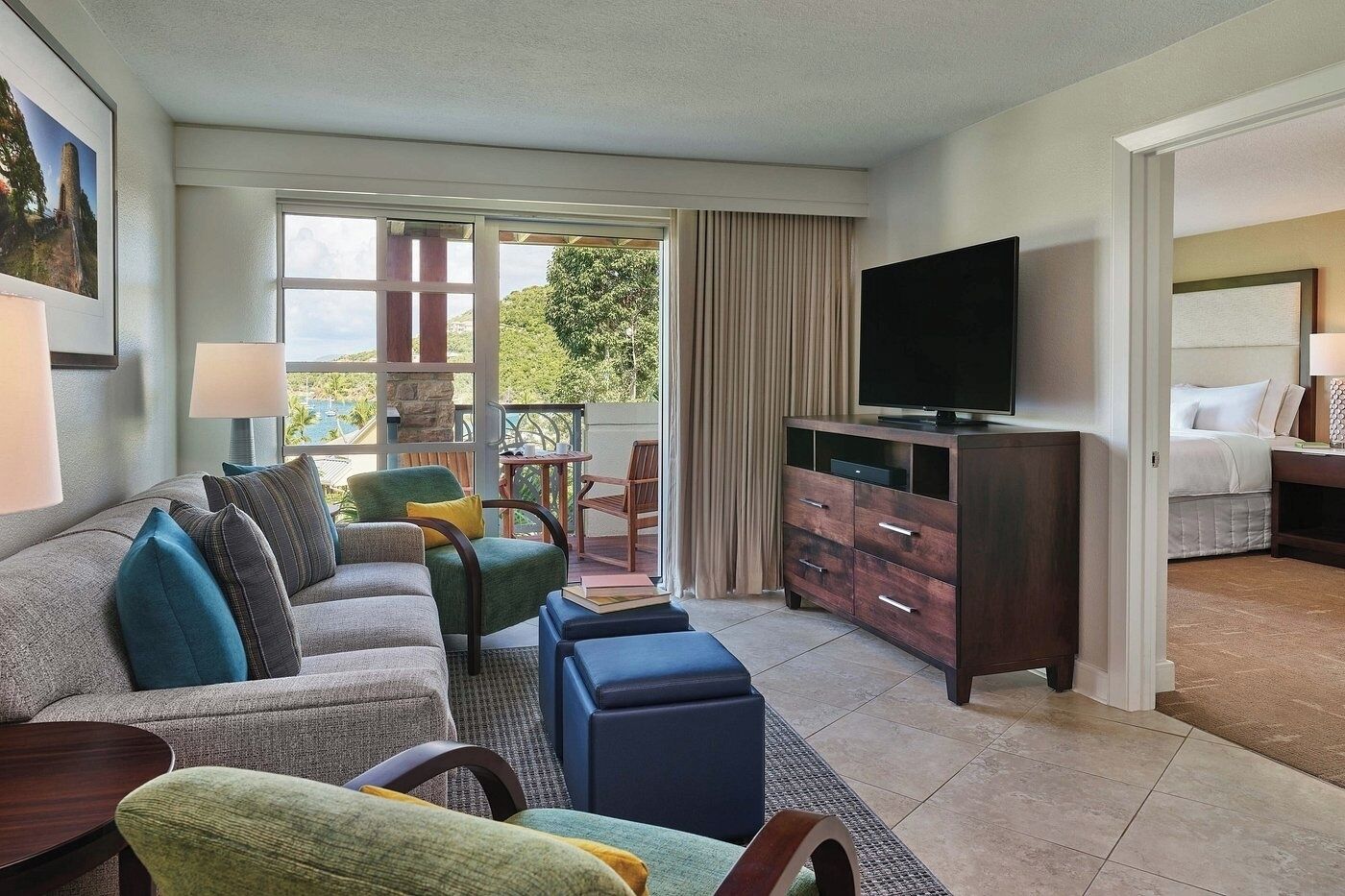 Living room with TV & Balcony view