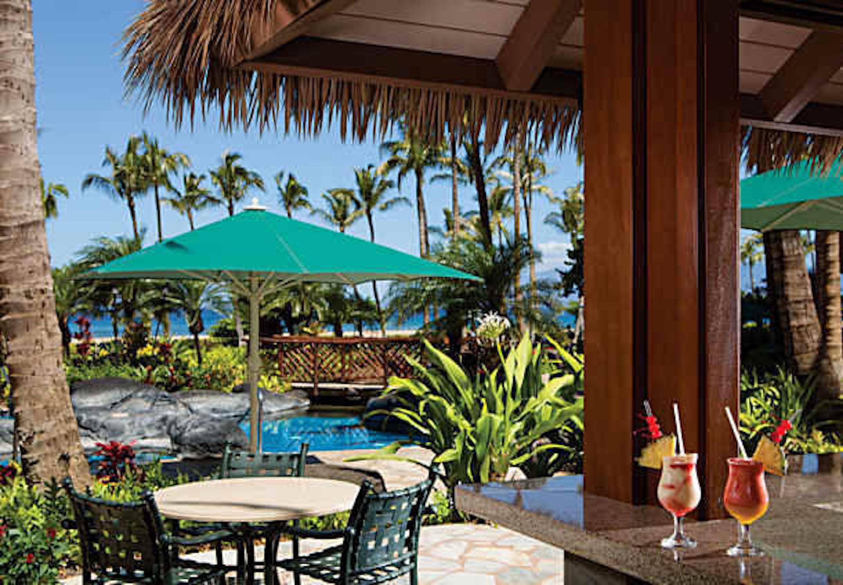 Tropical poolside patio with bar seating, palm views, and ocean glimpses