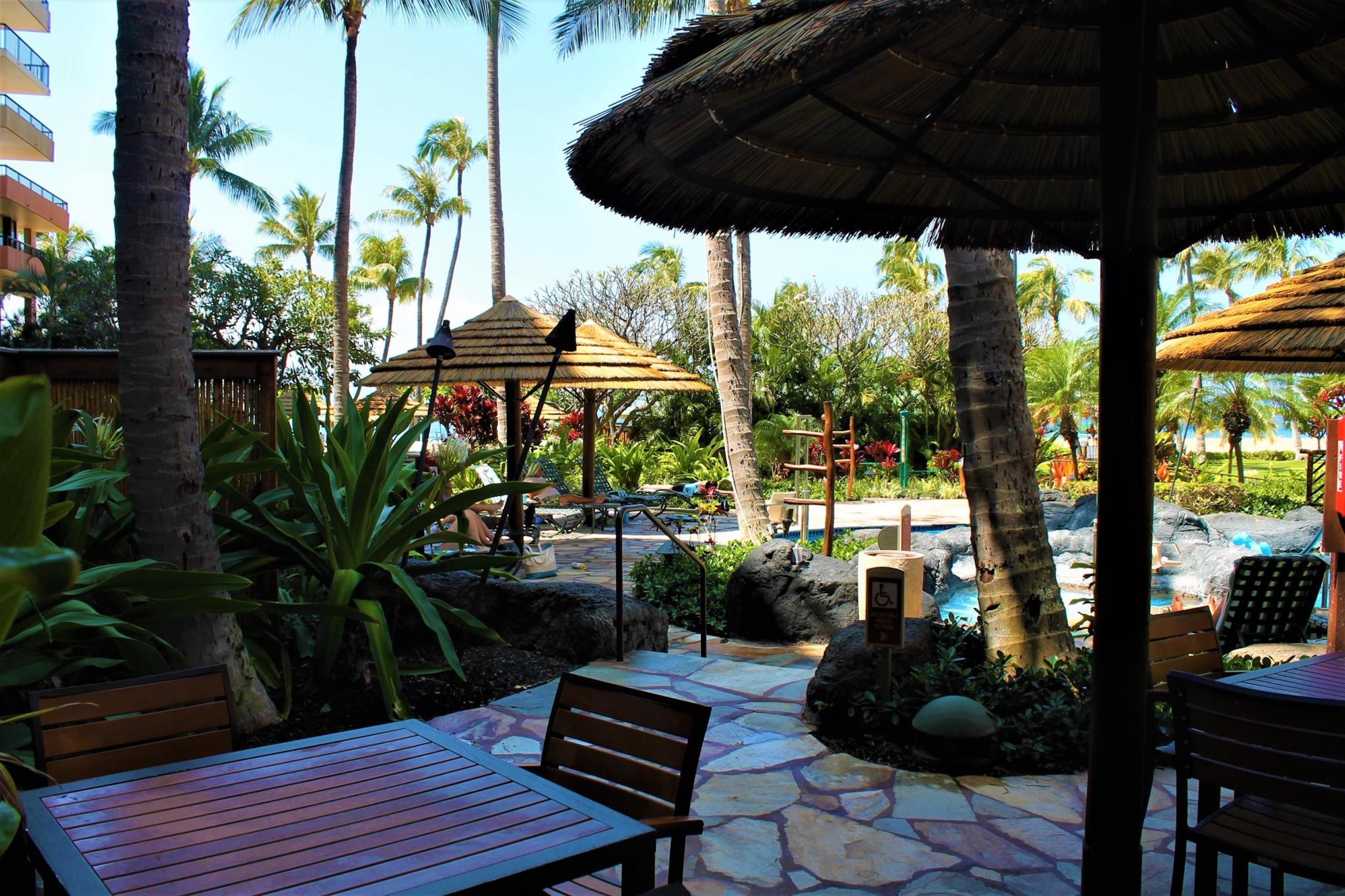 Tropical garden patio with shaded seating by the resort-style pool