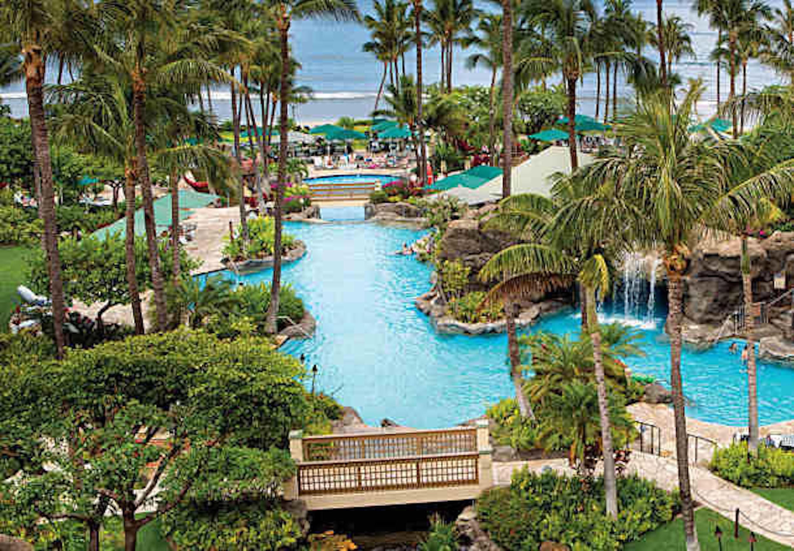 Tropical lagoon-style pool with waterfalls, palms, and ocean views