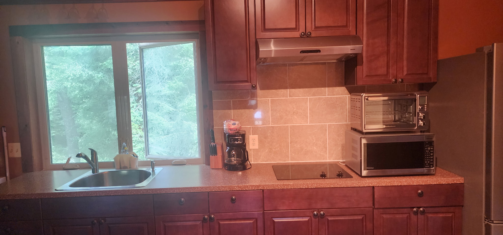 Cozy full kitchen with wooded views, great light, and handy meal-prep space