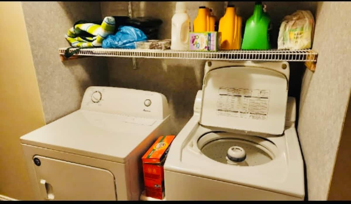 Convenient in-unit washer and dryer with stocked laundry essentials