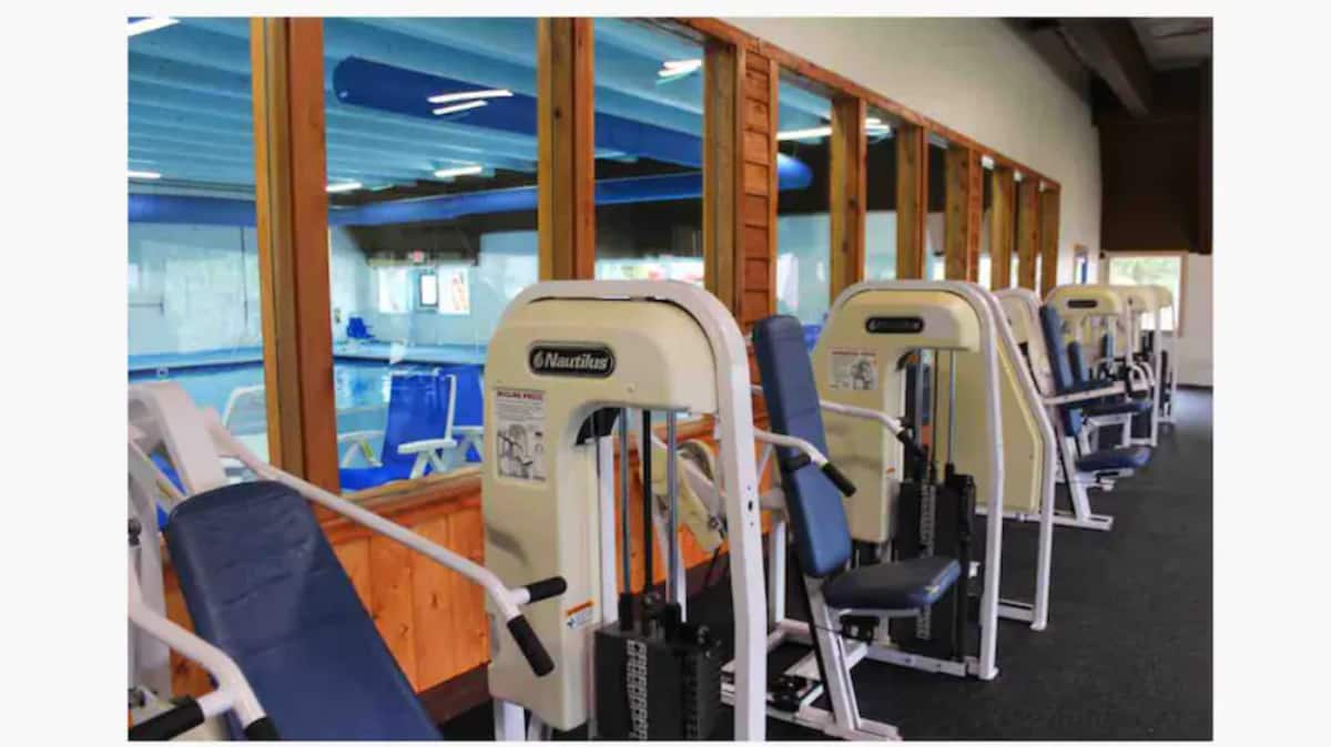 On-site fitness room with pool views for an easy vacation workout