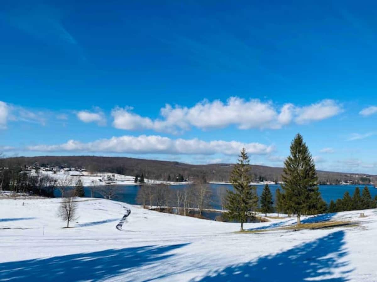 Scenic snowy lakefront views with open grounds and bright blue skies