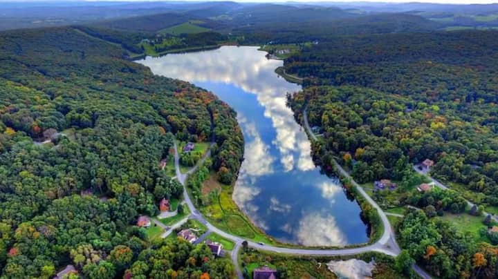 Scenic aerial lake views surrounded by forested hills and peaceful charm