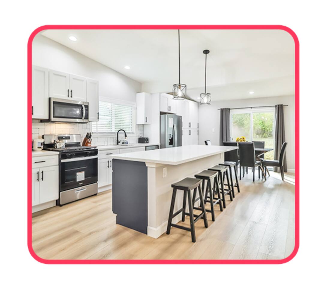 Spacious kitchen and dining area with island seating