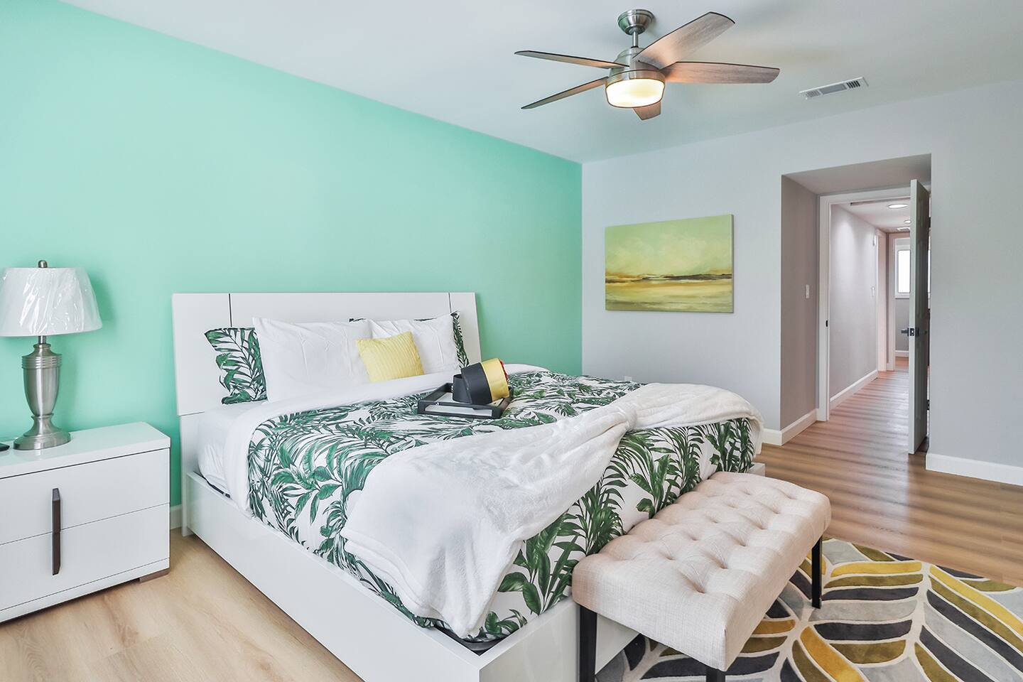 MINT GREEN ACCENT WALL, STYLISH BEDROOM
