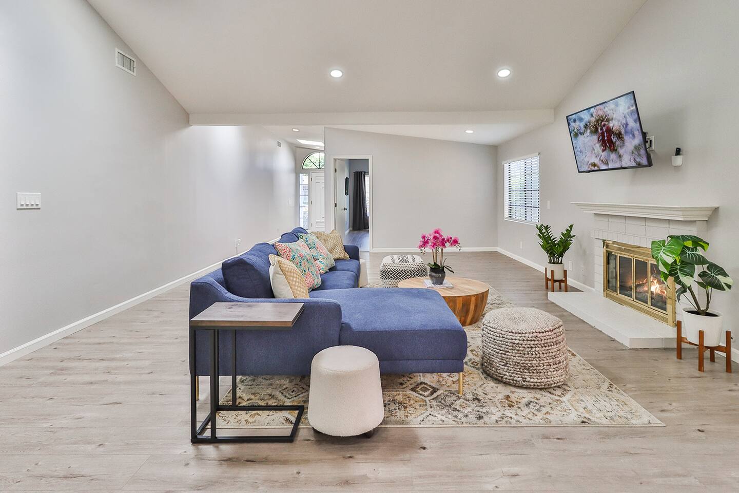 OPEN PLAN LIVING SPACE, FIREPLACE AND TV