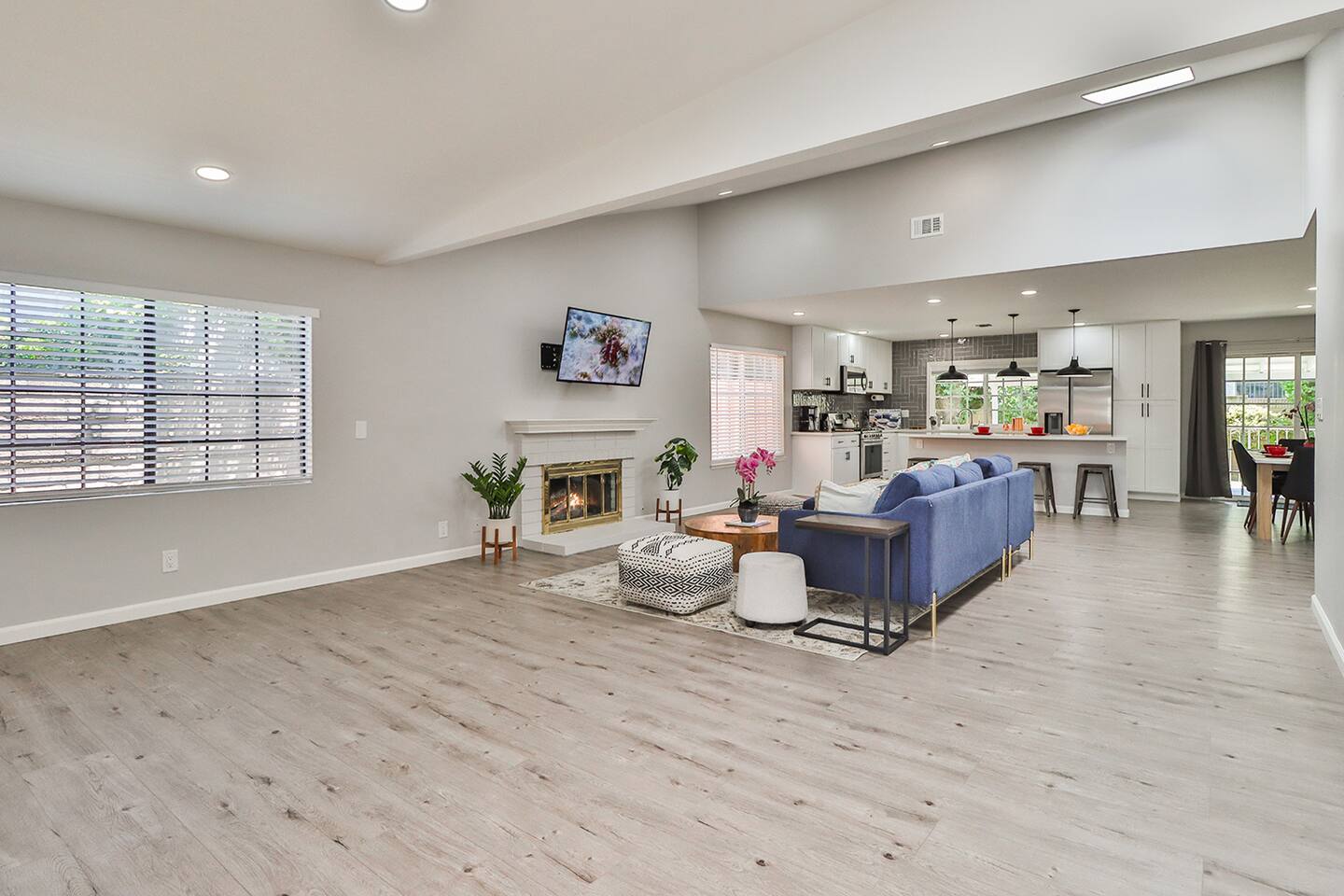 OPEN PLAN LIVING SPACE, FIREPLACE AND TV