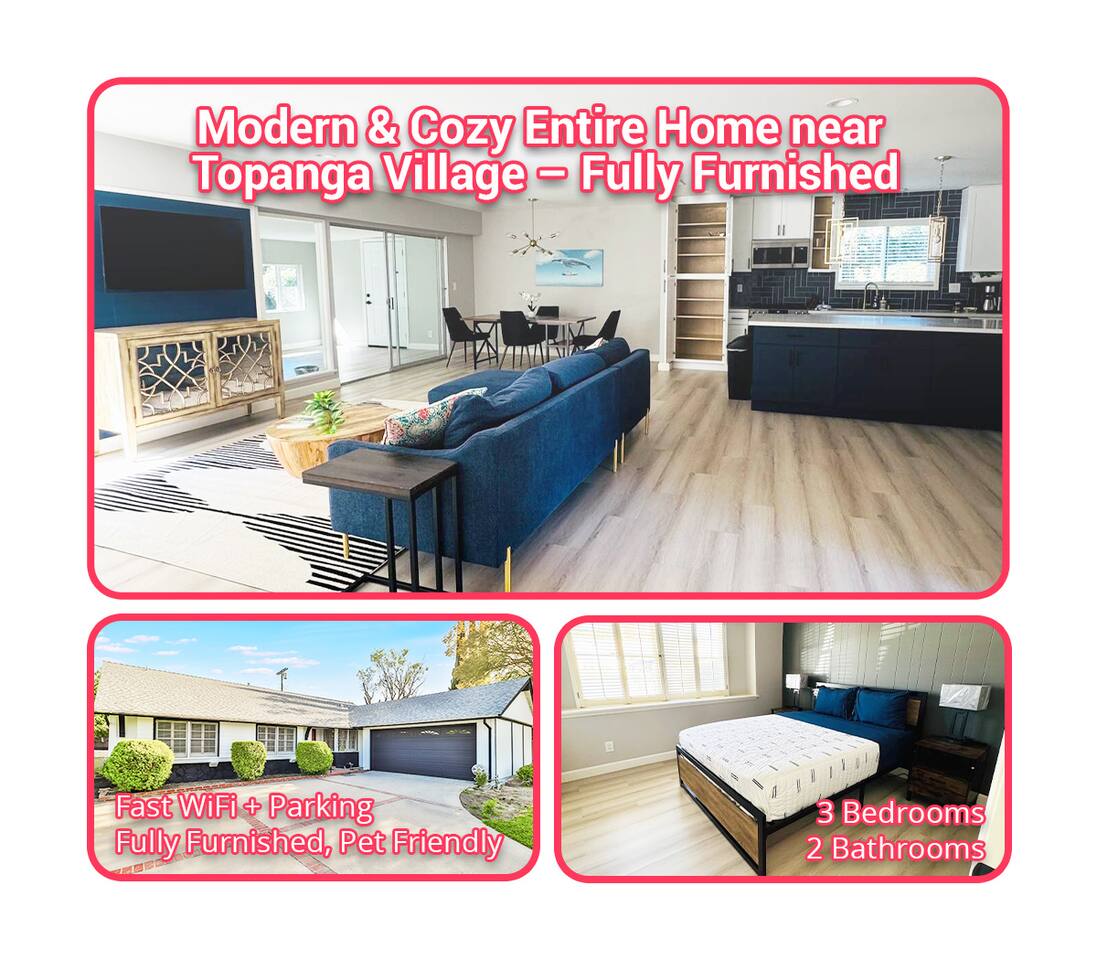 Spacious main level featuring a blue sectional sofa, luxury vinyl plank flooring, and a seamless flow into the kitchen and dining areas.