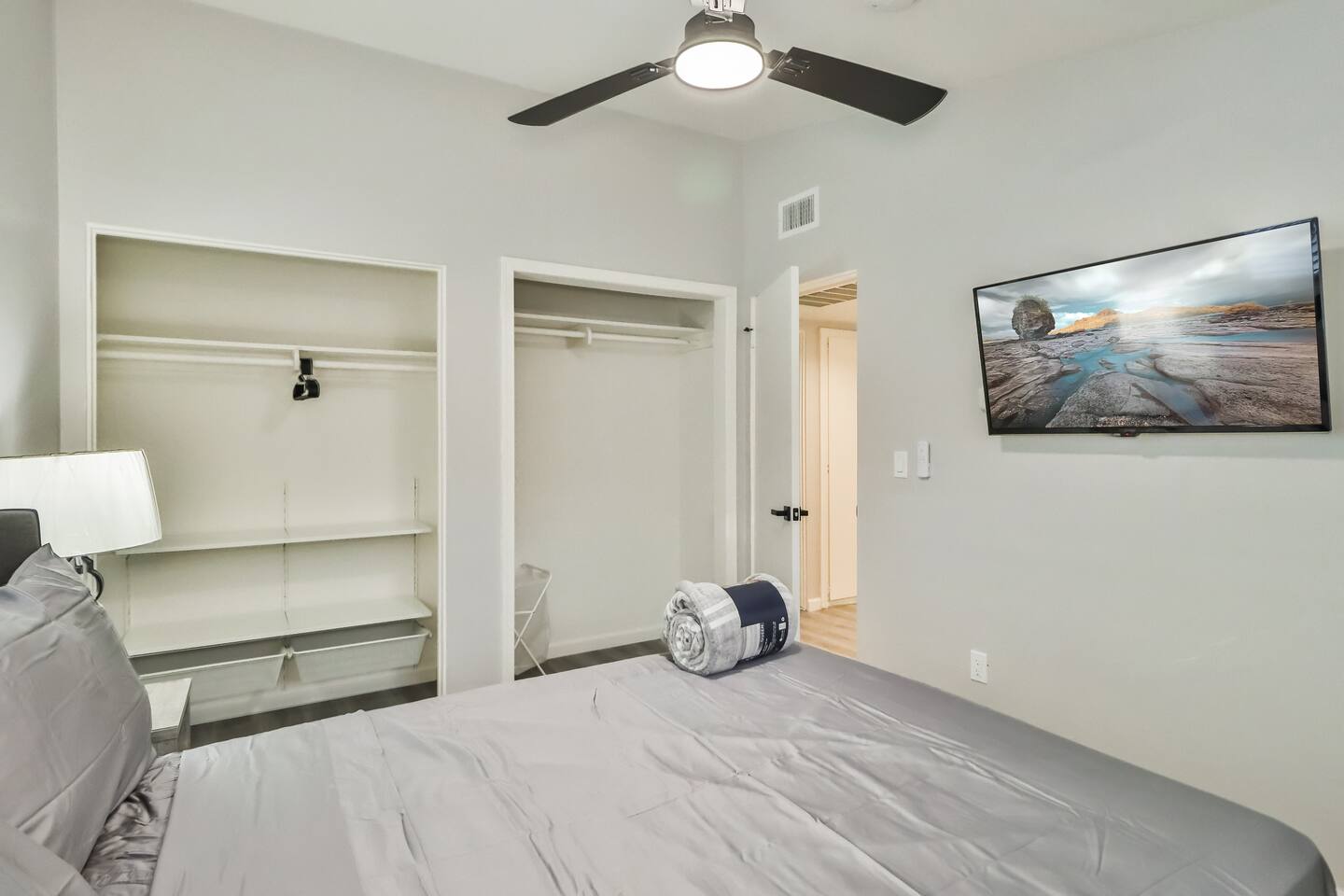BEDROOM WITH FLAT-SCREEN TV, TWO CLOSETS
