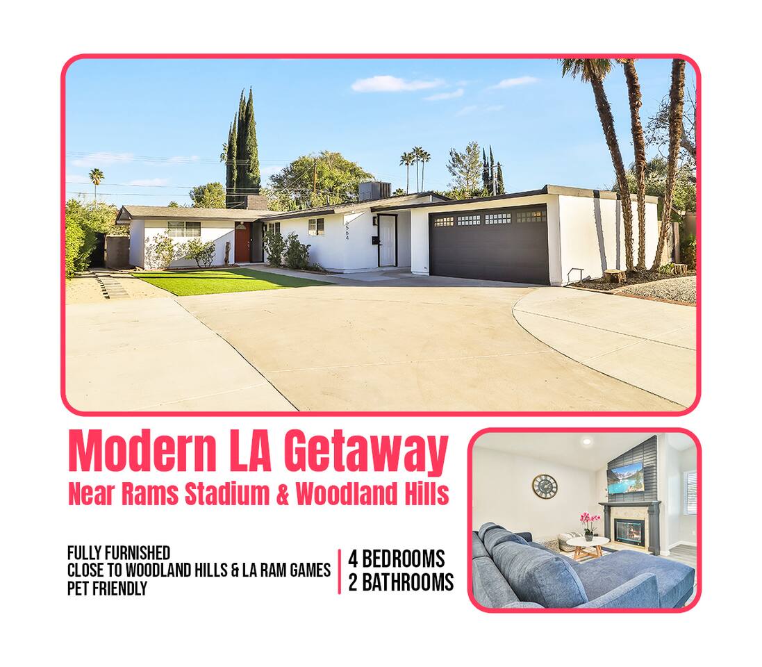 odern ranch-style home featuring a crisp white facade, dark trim, integrated garage, and a manicured lawn with mature palm trees.