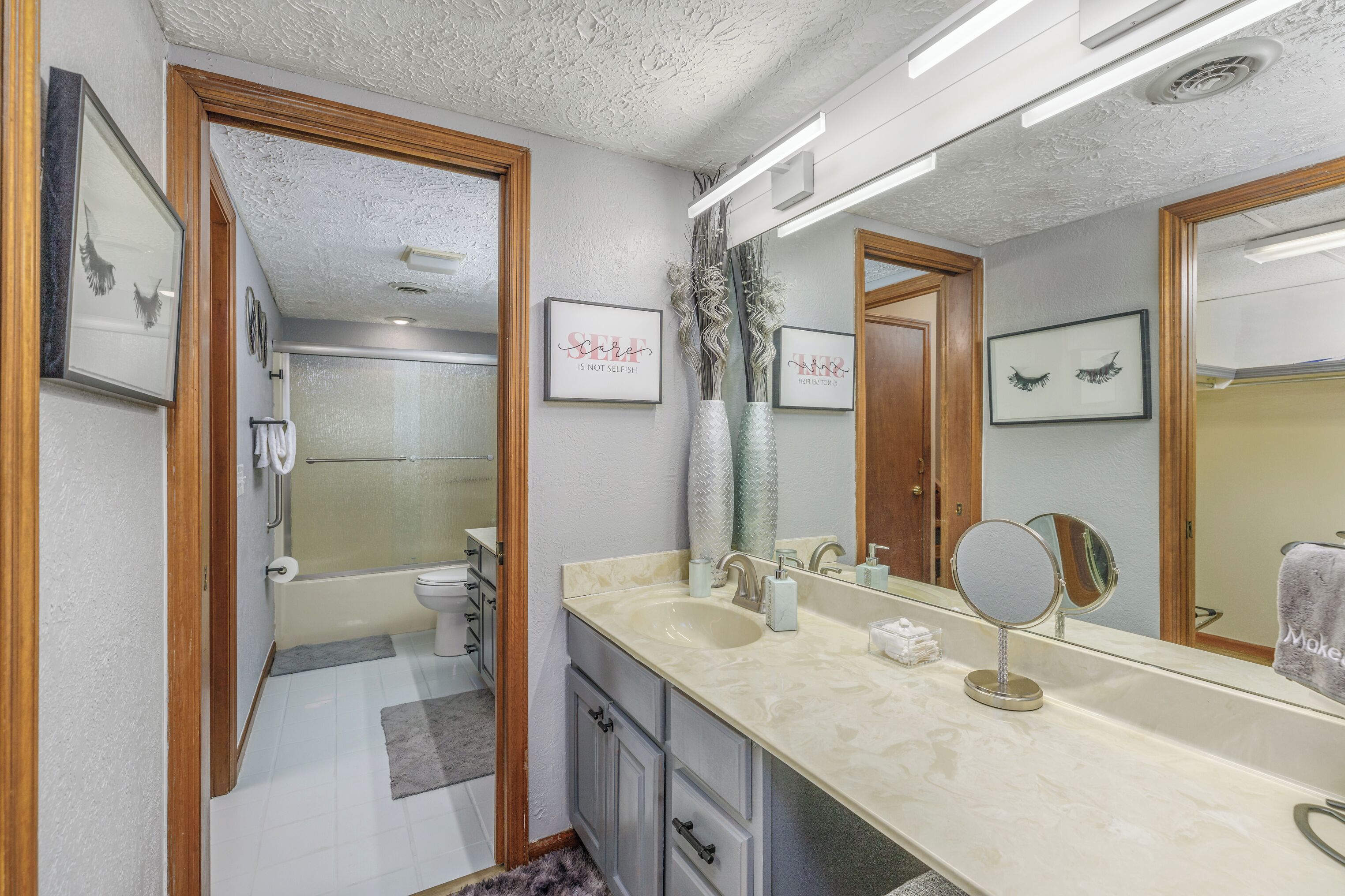 Spacious vanity area gives everyone extra room to get ready for the day.