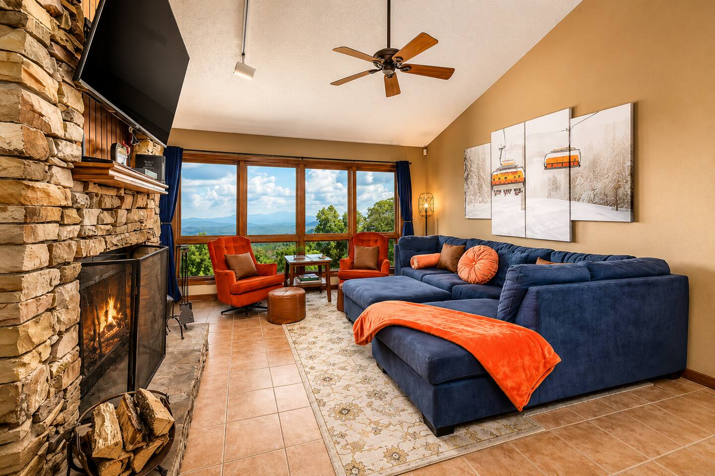 Family time comes with a view! Cozy up by the stone fireplace, stretch out on the spacious sectional, and enjoy movie nights together—all while taking in breathtaking Smoky Mountain views right from the living room.