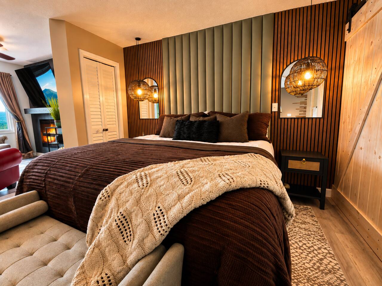 A warm and romantic mountain retreat made for two. Sink into the luxurious king bed surrounded by rich, cozy finishes and soft ambient lighting—the perfect place for couples to relax, reconnect, and unwind after exploring the Smokies.