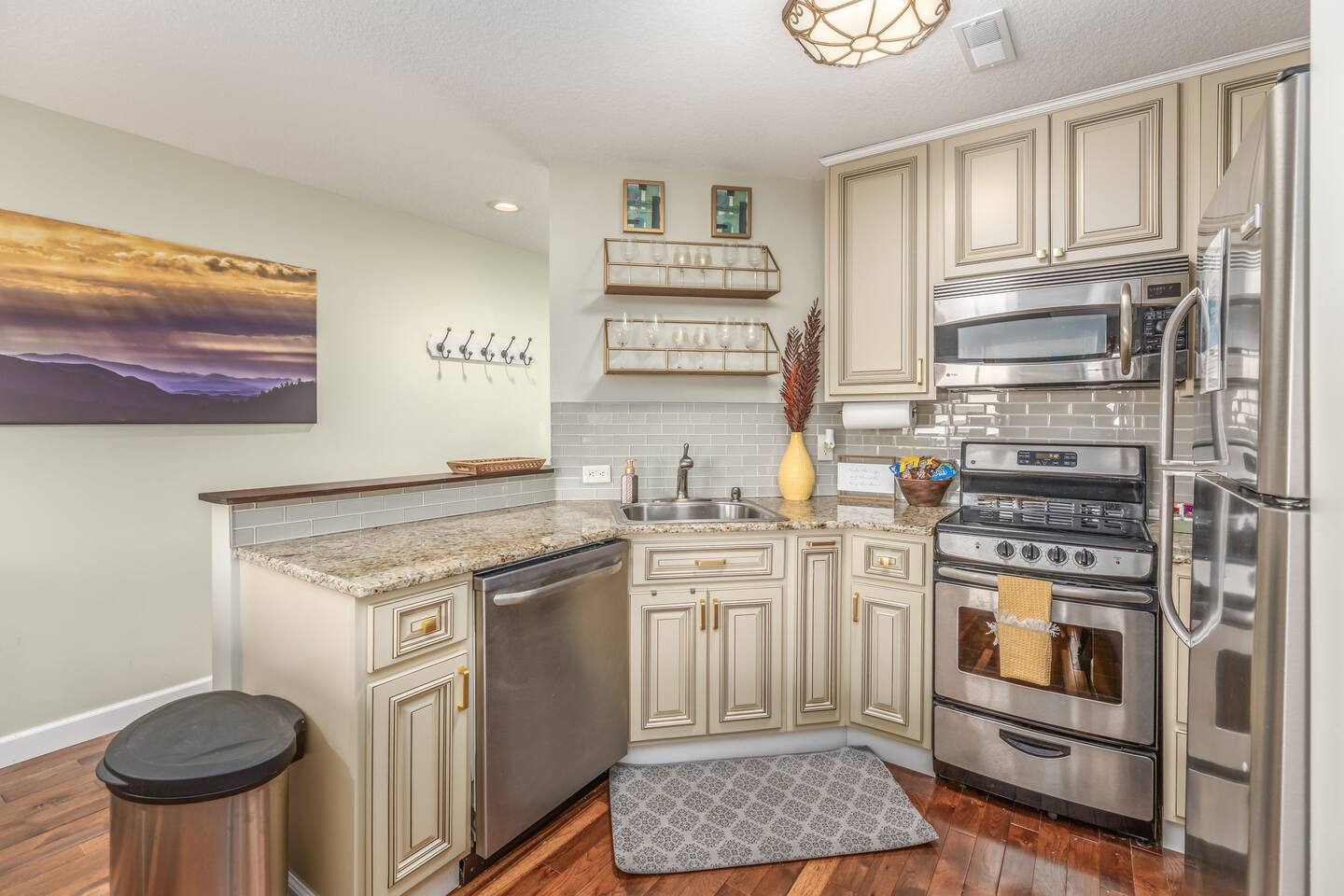 Enjoy a beautifully renovated, fully stocked kitchen featuring premium appliances and everything you need to prepare meals with ease, whether you're crafting a gourmet dinner or a leisurely breakfast.