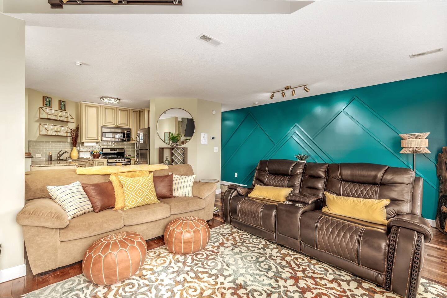 Relax in the inviting great room, designed for comfort and style. Sink into the luxurious reclining leather loveseat or stretch out on the queen sleeper sofa as you unwind after a day of exploring and enjoy the peaceful charm of your mountain retreat