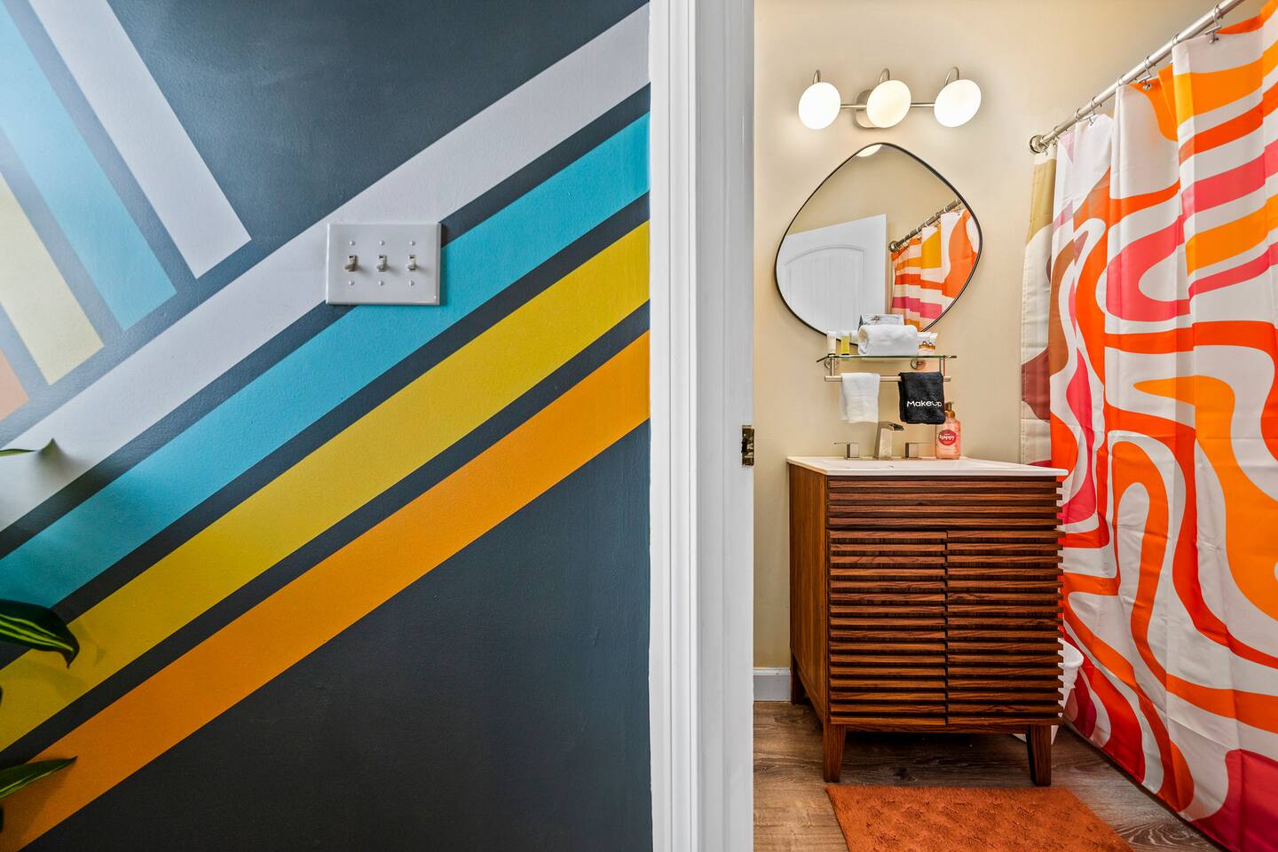 A fun, colorful bathroom brings playful personality to your family getaway! Bold retro-inspired décor and a convenient tub/shower combo make this cheerful space perfect for kids and adults alike.