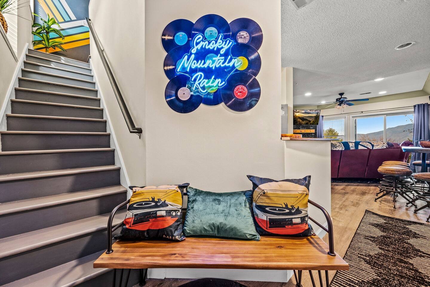 Fun details welcome you from the moment you arrive! This playful entryway sets the tone for a memorable family getaway, with plenty of personality and a cozy spot to get ready for your next Smoky Mountain adventure.
