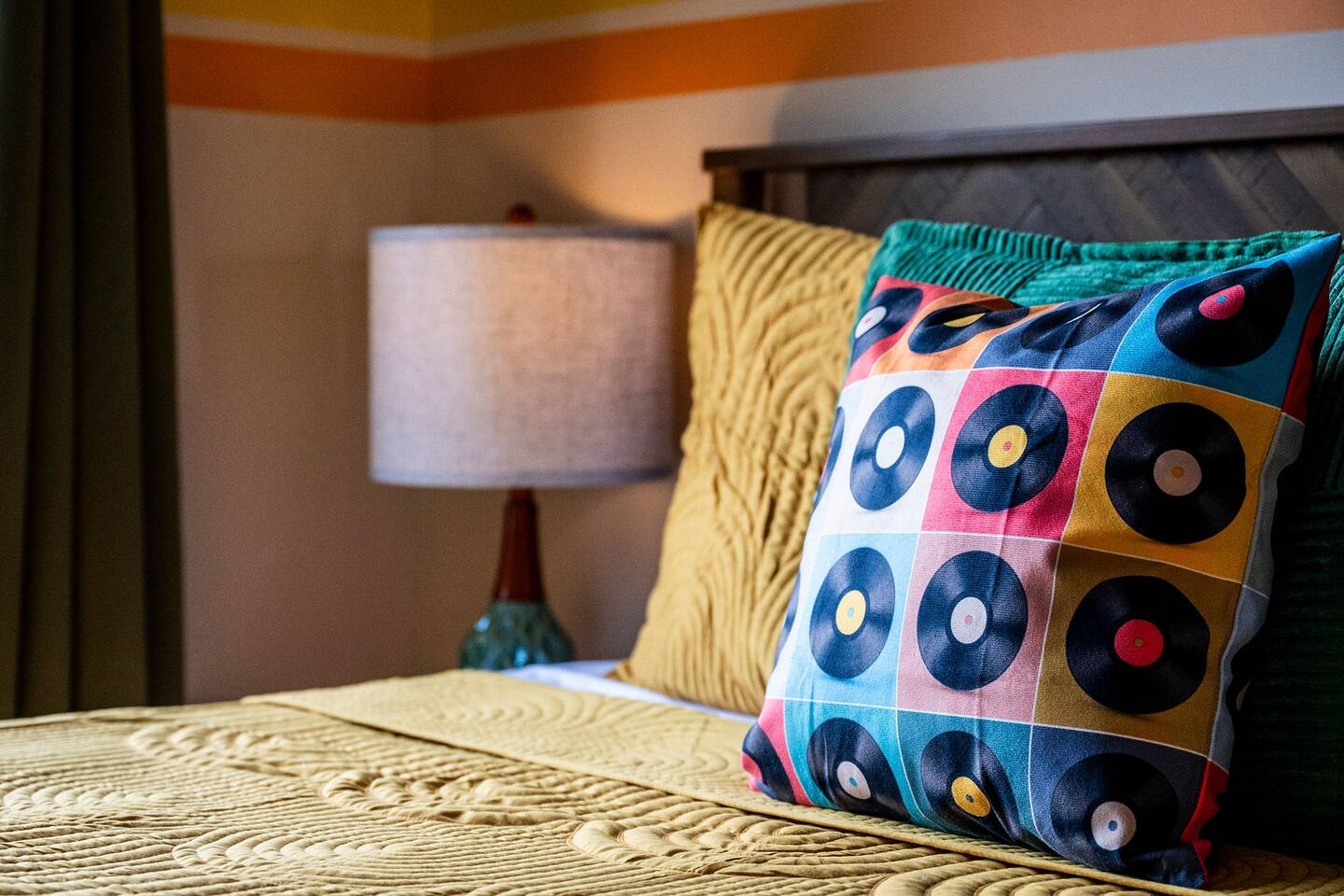 Playful record-inspired details bring this cheerful bedroom to life! Cozy bedding and colorful décor create a fun, welcoming space where kids can settle in, relax, and enjoy their Smoky Mountain vacation.