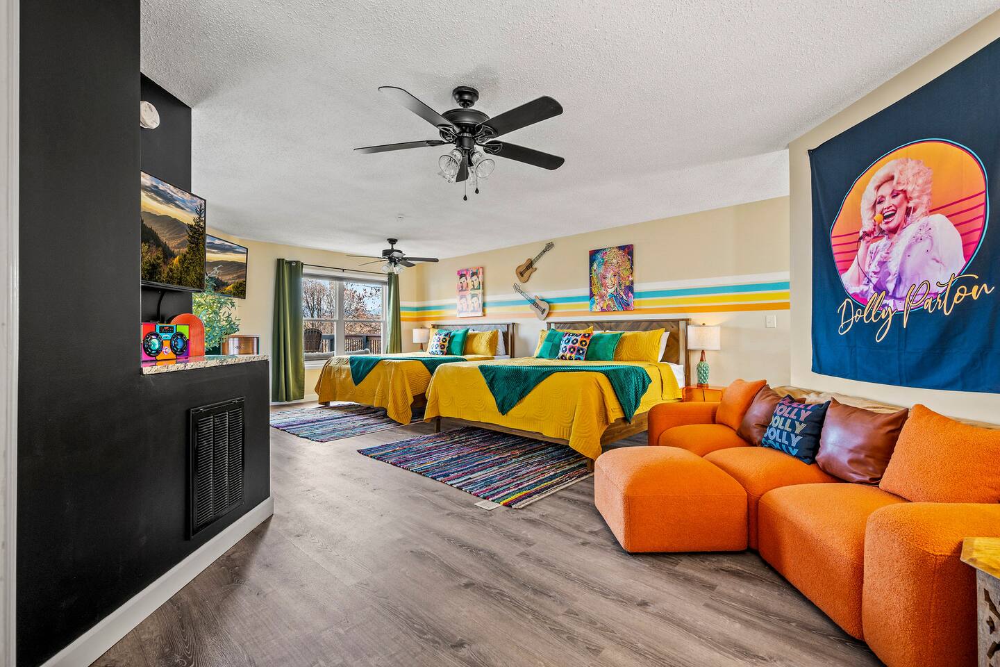 Large upstairs suite with 2 king beds, 2 smart TV’s to enjoy on beds or couch.