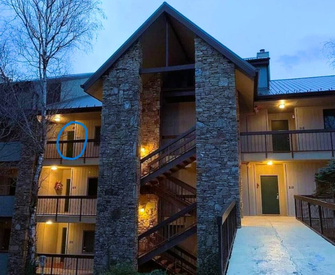The blue circle indicates the location of the front door of the condo.