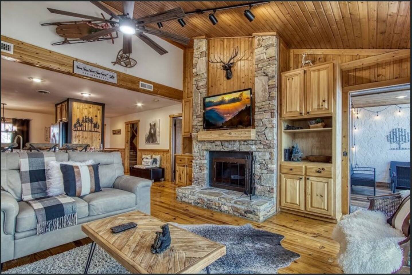 Enjoy a fire in a large fireplace