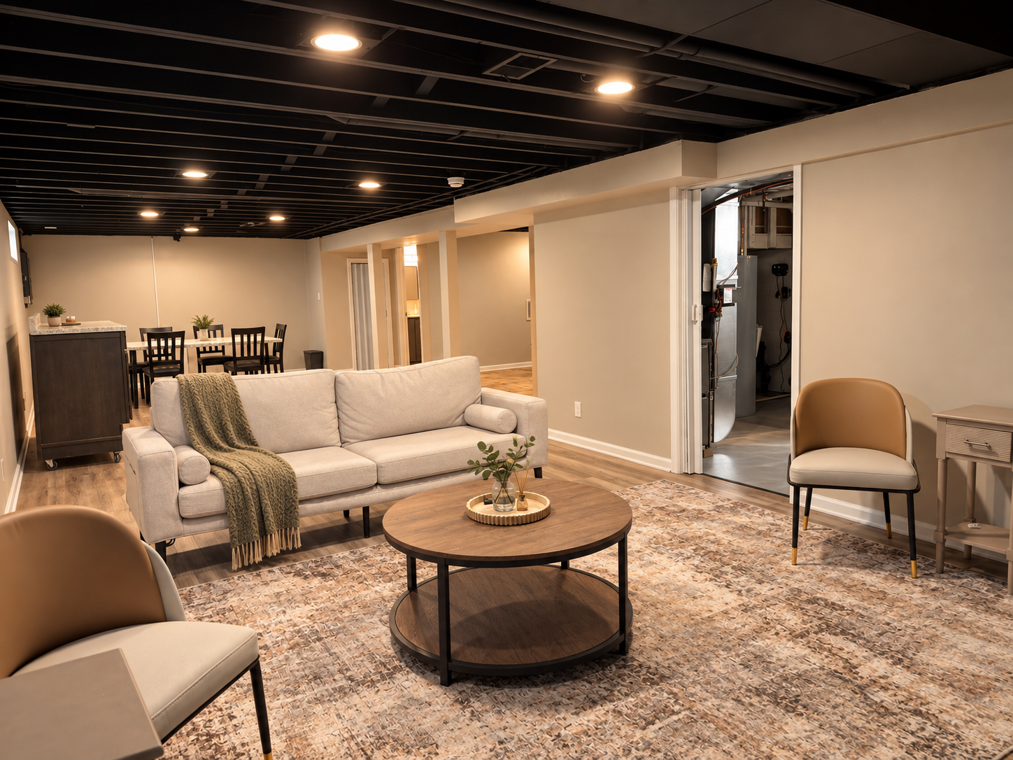 Spacious lower-level lounge with dining area and modern cozy seating