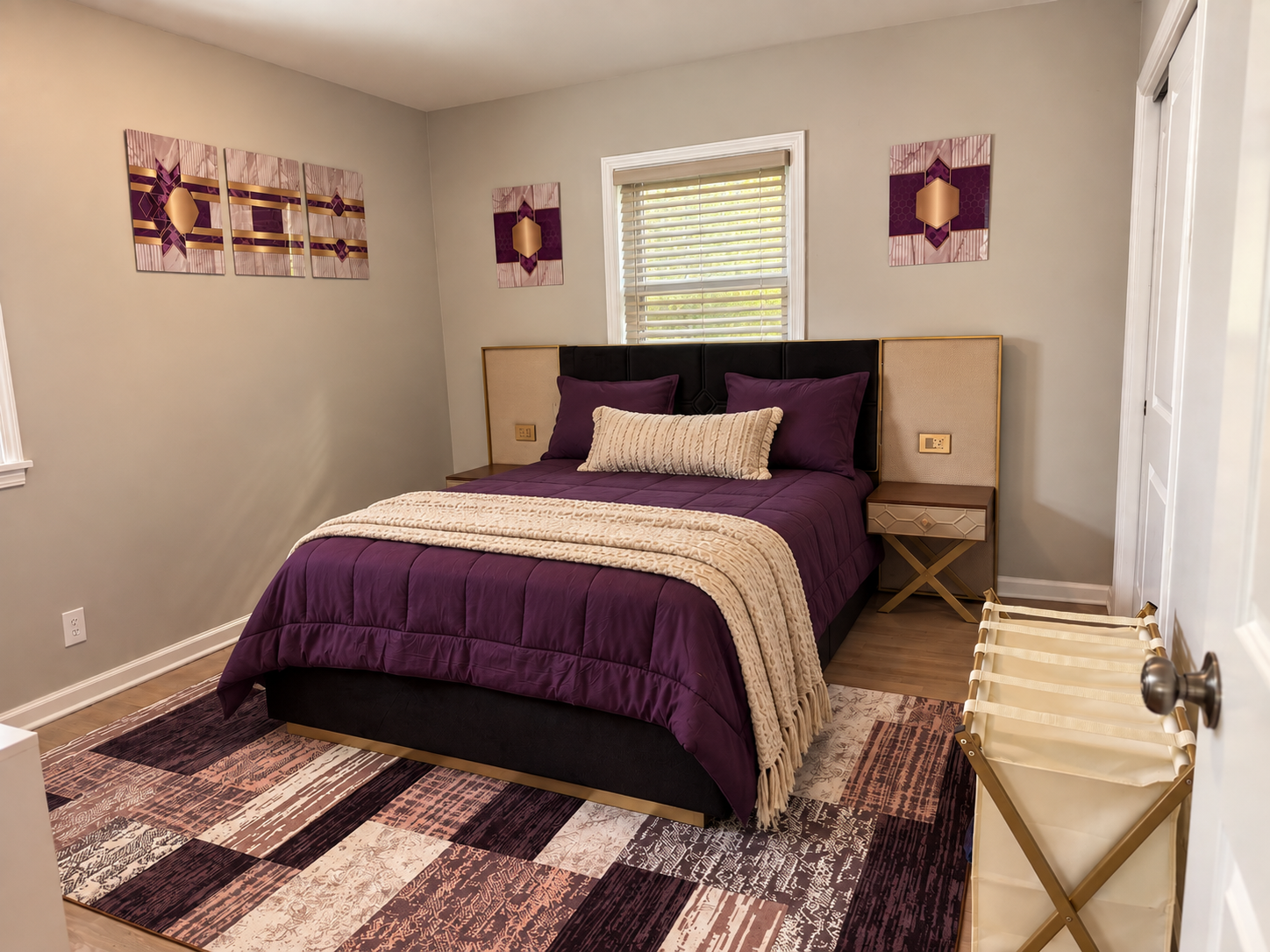 Stylish queen bedroom with bold décor, natural light, and cozy touches