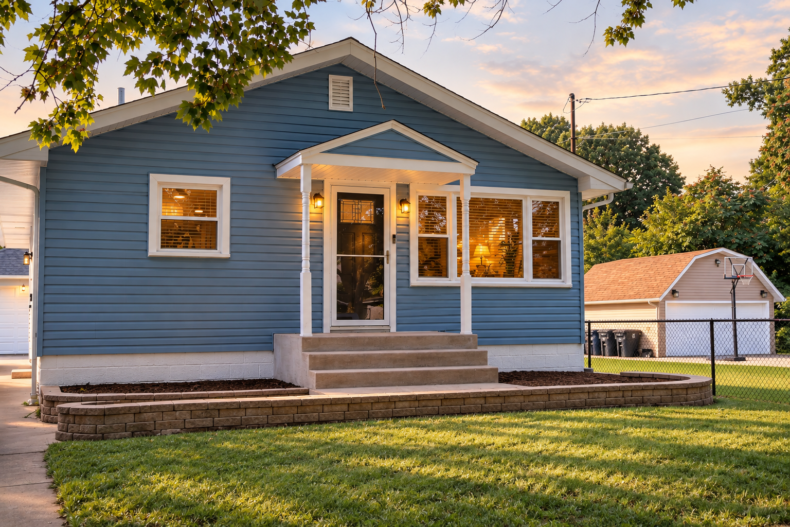 Charming blue bungalow with warm porch lighting and great curb appeal