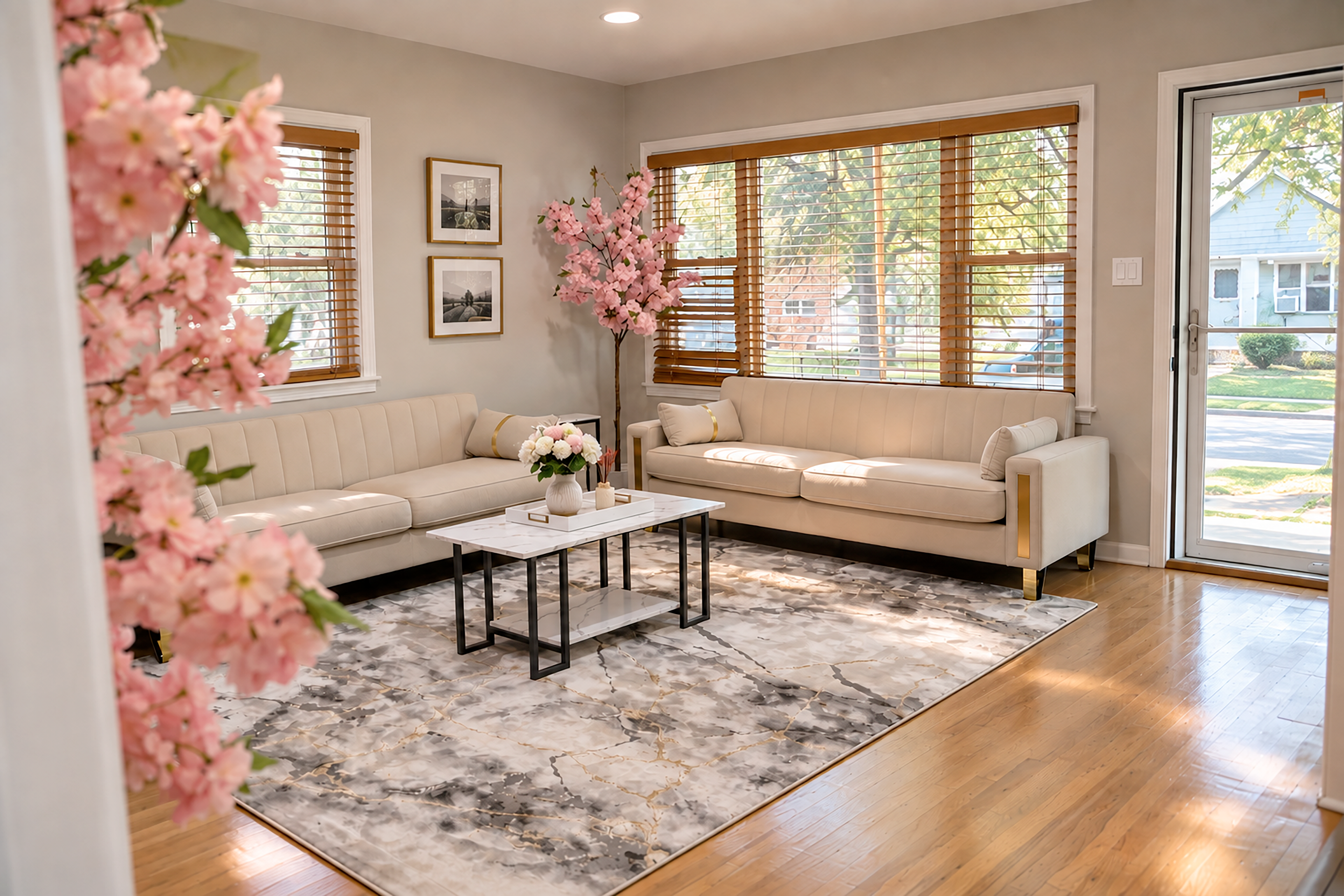 Bright, stylish living room with natural light and elegant floral touches